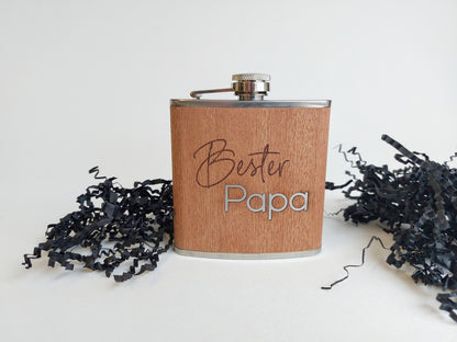 Flachmann "Bester" Papa mit Geschenkbox | Personalisierter Flachmann aus Edelstahl & Holz-Oberfläche | 170 ml Volumen | "Bester" Wunschwort