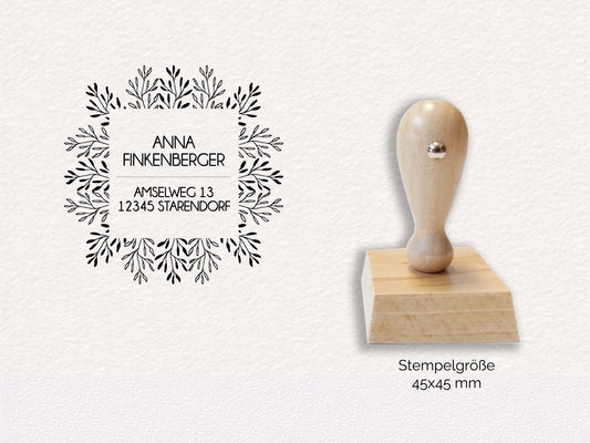 Adressstempel - Finkenberger | Blätterrahmen personalisierter Familienstempel | Holzstempel mit Wunschadresse | Stempel Quadratisch 45x45mm