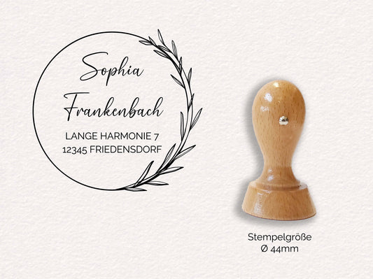 Adressstempel - Frankenbach | Blätterring filigran | personalisierter Familienstempel | Holzstempel Wunschadresse | Stempel Rund 44mm/60mm