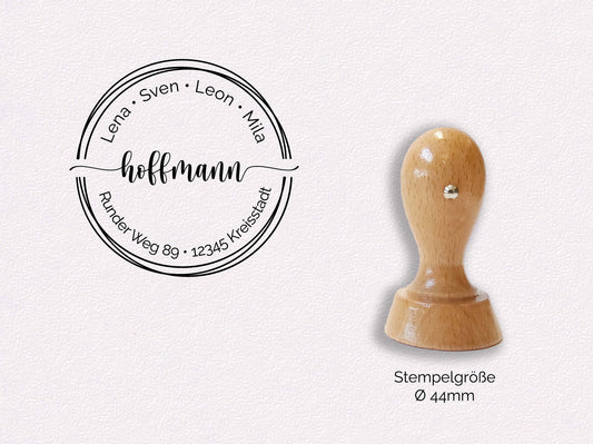 Adressstempel - Hoffmann | Kreis gezeichnet | personalisierter Familienstempel + Vornamen | Holzstempel Wunschadresse Stempel Rund 44mm/60mm