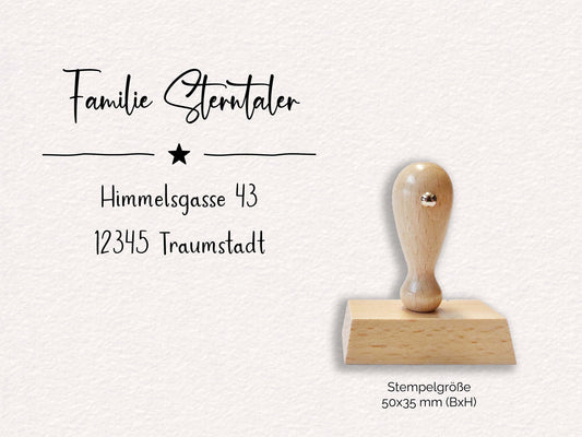 Adressstempel - Sterntaler | Stern & Linie | personalisierter Familienstempel | Holzstempel mit Wunschadresse | Stempel Rechteckig 50x35mm