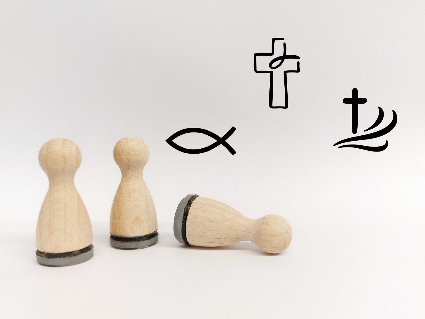 Ministempelset Kommunion / Konfirmation | Taufe | 3 Stempel mit 12mm Durchmesser | Holzstempel für die Kirche | christlich evangelisch Fisch