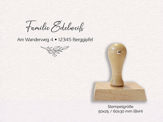 Adressstempel - Edelweiß mit Zweig | personalisierter Familienstempel Holzstempel / Automatik Stempel Adresse Rechteckig 50x25/58x22/60x30mm