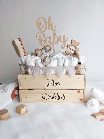 Babykiste mit Name | DIY-Windeltorte zum selbst Befüllen | Personalisierte Holzkiste oder Schriftzug zum Aufkleben - SelfmadeStudio