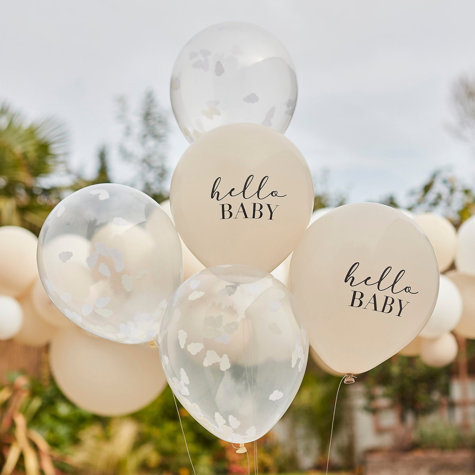 Hello Baby Taupe- & Wolken-Konfetti-Babyparty-Ballons Luftballons 5 Stück | Babyparty | große Konfettiballons | Hello Baby-Luftballons Deko - SelfmadeStudio