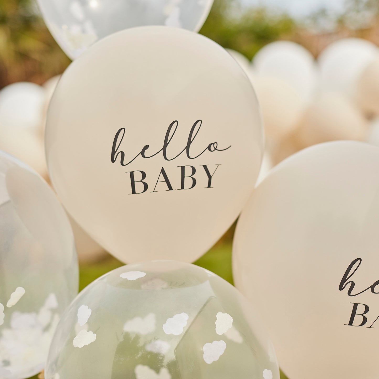 Hello Baby Taupe- & Wolken-Konfetti-Babyparty-Ballons Luftballons 5 Stück | Babyparty | große Konfettiballons | Hello Baby-Luftballons Deko - SelfmadeStudio