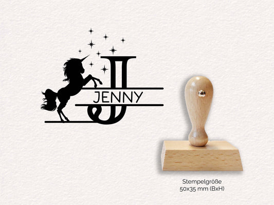 Monogramm Stempel - Einhorn Jenny | Namensstempel | personalisierter Holzstempel Name | Mädchen Monogrammstempel rechteckig 50x35mm