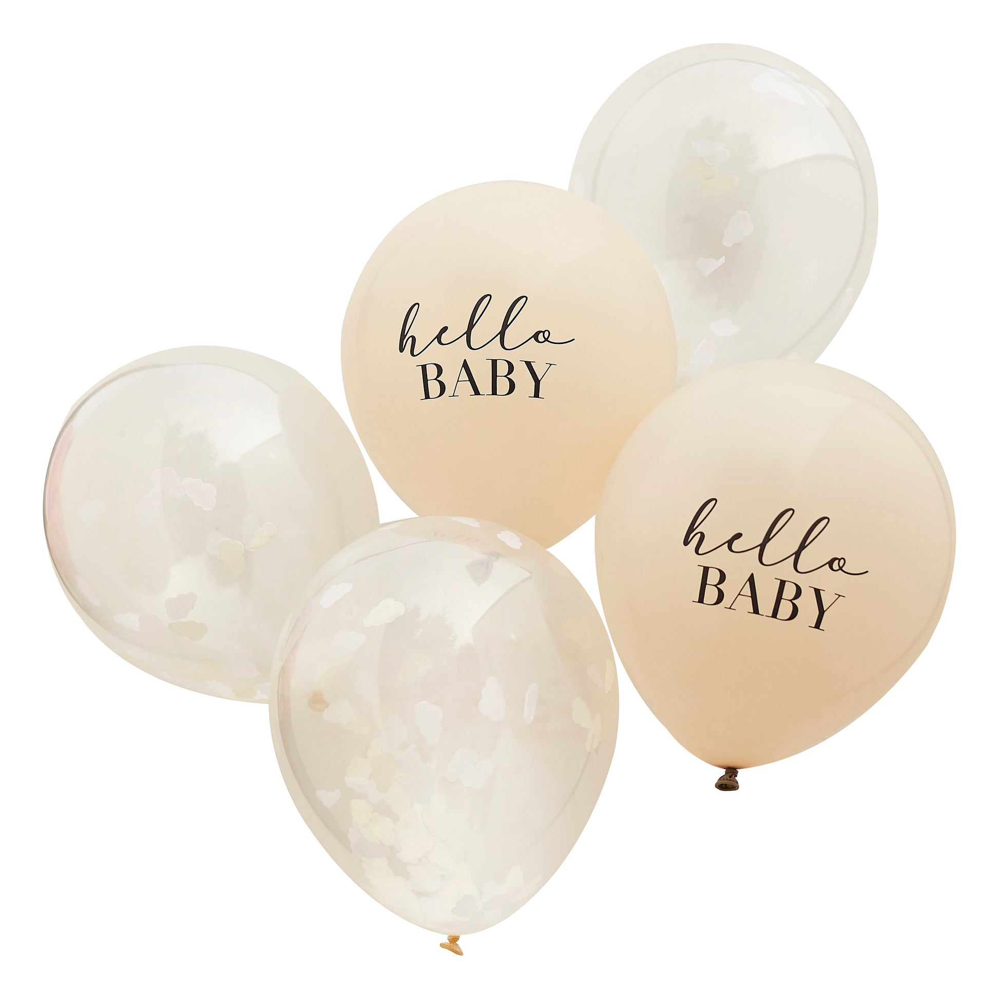 Hello Baby Taupe- & Wolken-Konfetti-Babyparty-Ballons Luftballons 5 Stück | Babyparty | große Konfettiballons | Hello Baby-Luftballons Deko - SelfmadeStudio