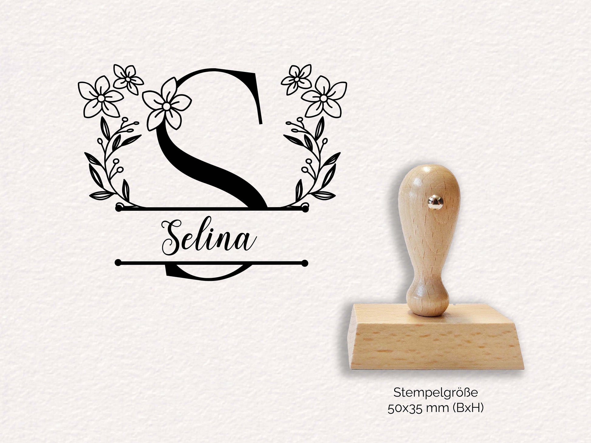 Monogramm Stempel - Selina | Namensstempel | personalisierter Holzstempel Name | floral Blumen & Zweige Blumenmonogramm Rechteckig 50x35mm