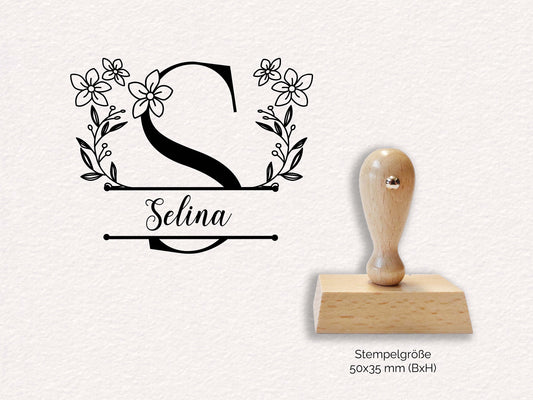 Monogramm Stempel - Selina | Namensstempel | personalisierter Holzstempel Name | floral Blumen & Zweige Blumenmonogramm Rechteckig 50x35mm