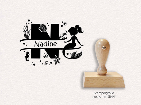 Monogramm Stempel - Meerjungfrau Nadine | Namensstempel | personalisierter Holzstempel Name | Mädchen Monogrammstempel rechteckig 50x35mm