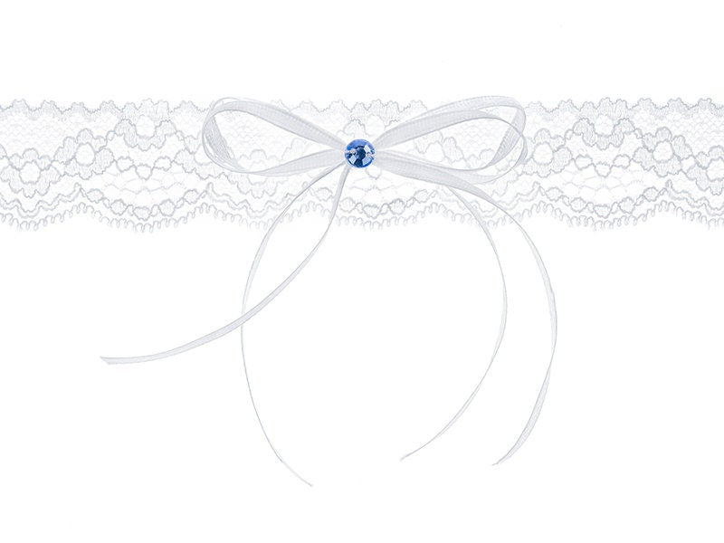 Strumpfband zur Hochzeit | Spitzenstrumpfband in Weiß mit Satinband und blauem Stein Brautaccessoires Hochzeitsnacht Breite 3,5cm JGA Party