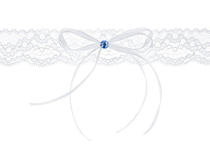 Strumpfband zur Hochzeit | Spitzenstrumpfband in Weiß mit Satinband und blauem Stein Brautaccessoires Hochzeitsnacht Breite 3,5cm JGA Party