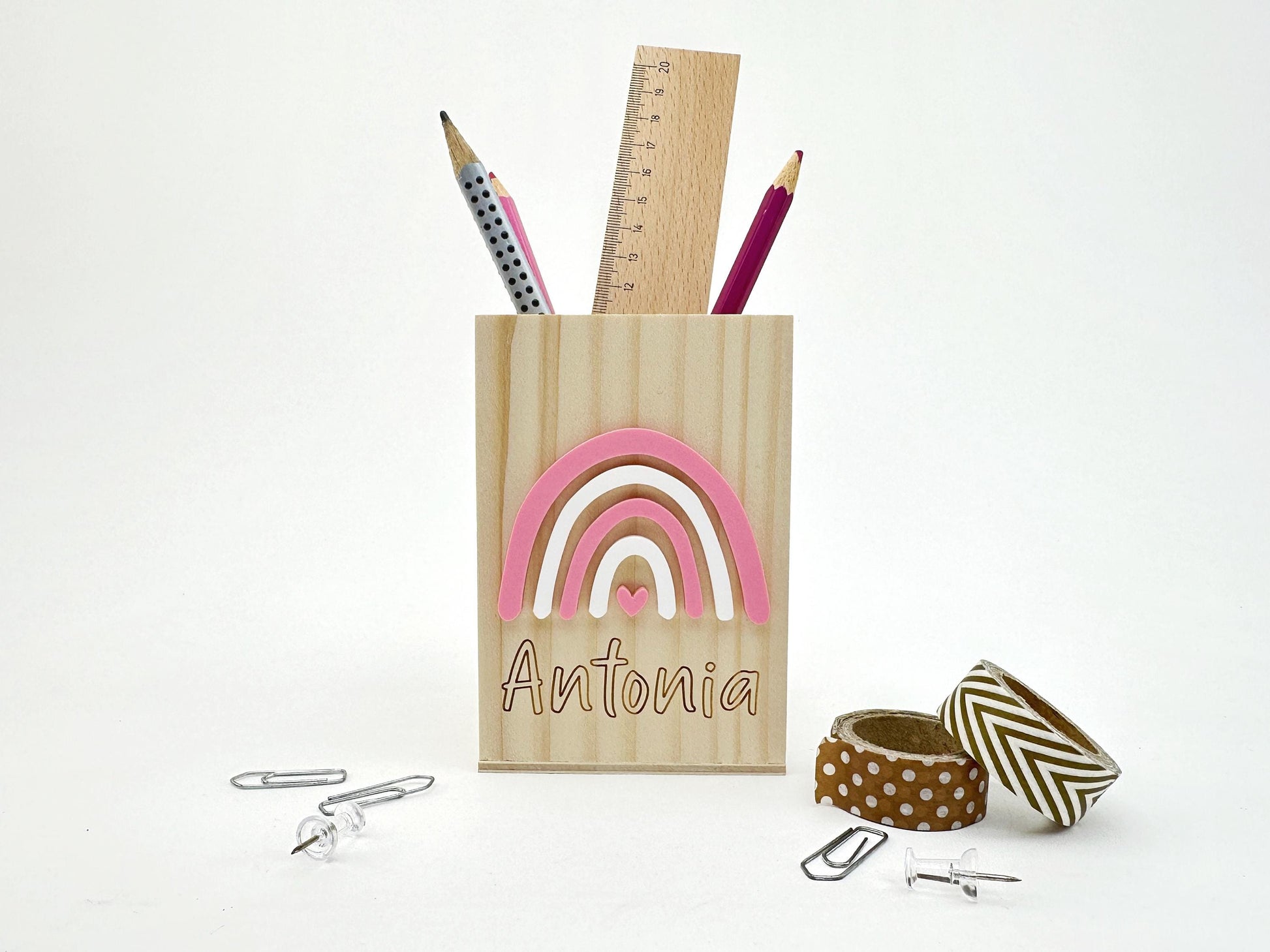 stifte aufbewahrung kindergarten Stiftehalter aus Holz mit 3D-Regenbogen & Name