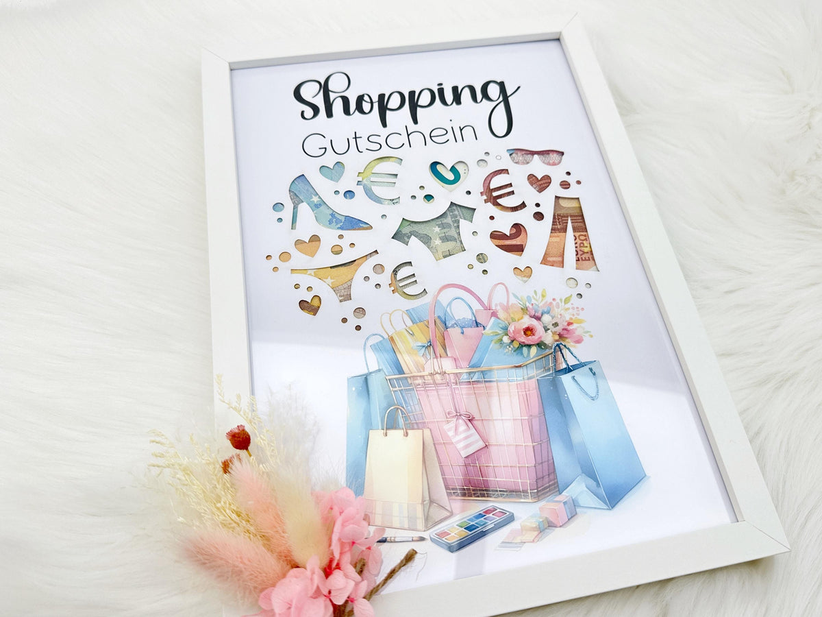 Geldgeschenk Shopping - Gutschein Geldgutschein | A4-Passepartout mit / ohne Bilderrahmen