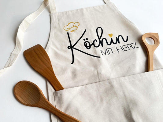 Kochschürze mit Aufdruck: Koch / Köchin mit Herz + Name | personalisierte Schürze aus Baumwolle Natur, schwarz, grau | Kochmütze &Herz gold - SelfmadeStudio