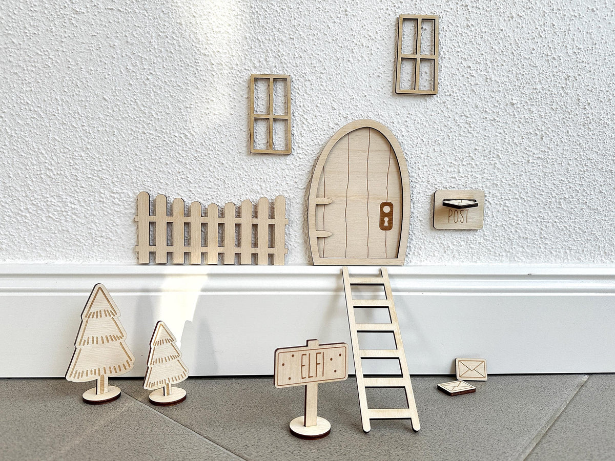 Wichteltür l Adventskalender Kinder Wichtelwelt I 12-teiliges Wichtel Set I Weihnachtswichtel Wichtelzubehör Elfentüre aus Holz Elfe Advent