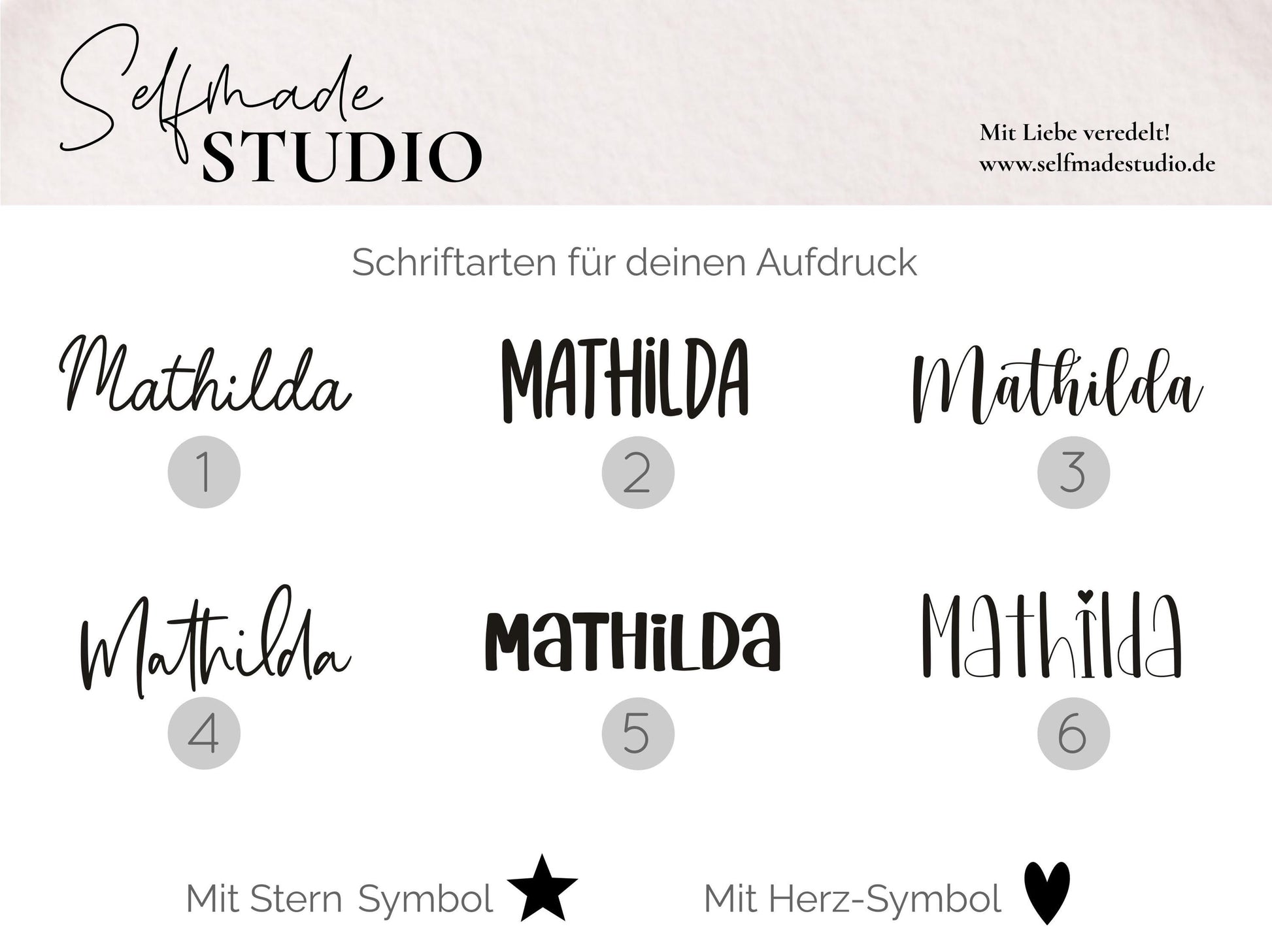 Schriftarten Übersicht. 6 Schriften stehen zur Auswahl. Wahlweise mit Stern Symbol oder Herz Symbol. Personalisiere dein Babyset mit deinem Wunschnamen und Motiv. Personalisierte und einzigartige Babygeschenke. Ideal als Geschenk zur Babyparty