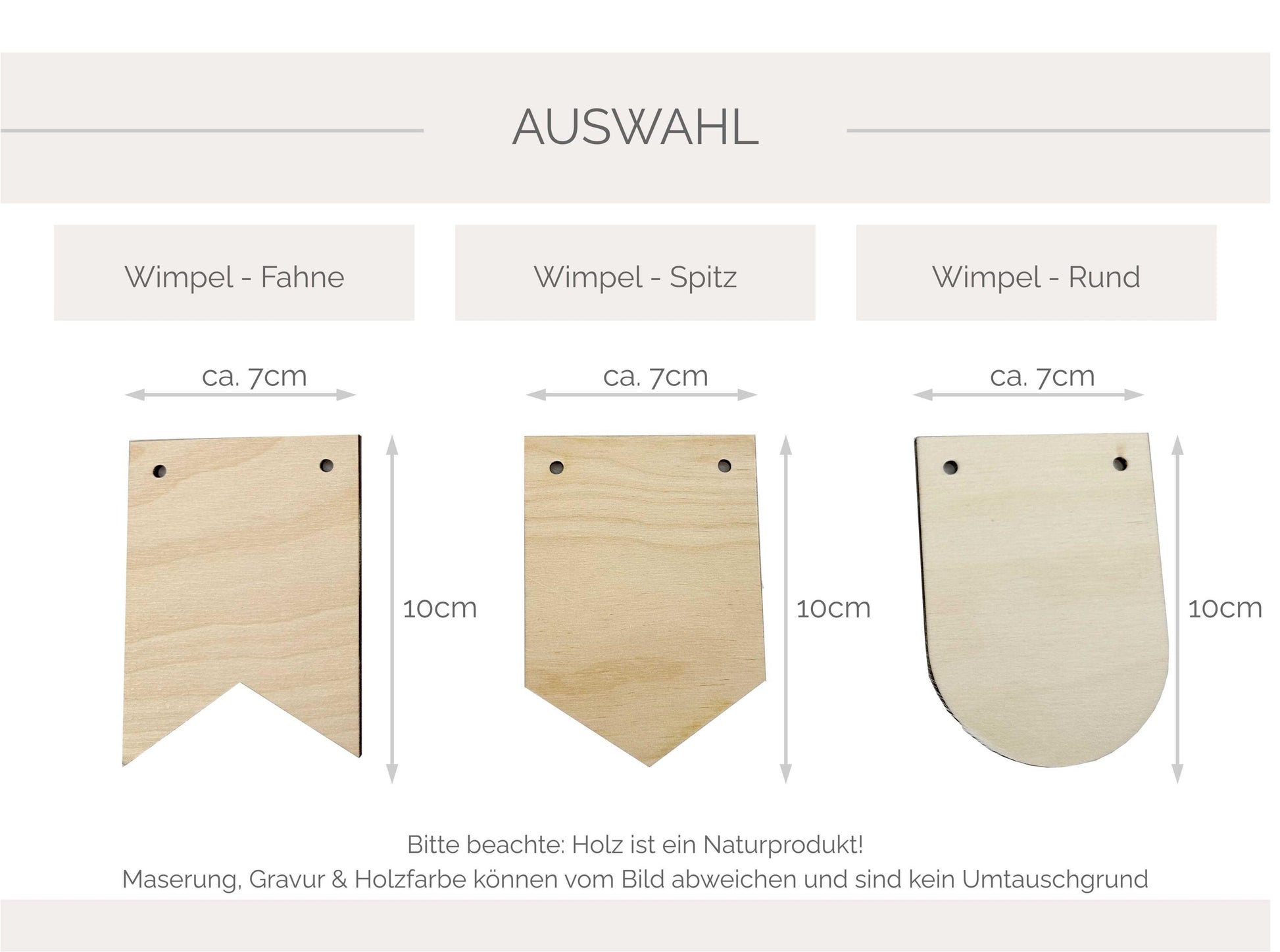 Holzwimpel, Größe, Wimpel Form: Fahne / Spitz / rund, Eigenschaften: Holz ist ein Naturprodukt: Maserung, Gravur, Schnitt und Schmauchspuren können vom Bild abweichen und sind kein Umtauschgrund