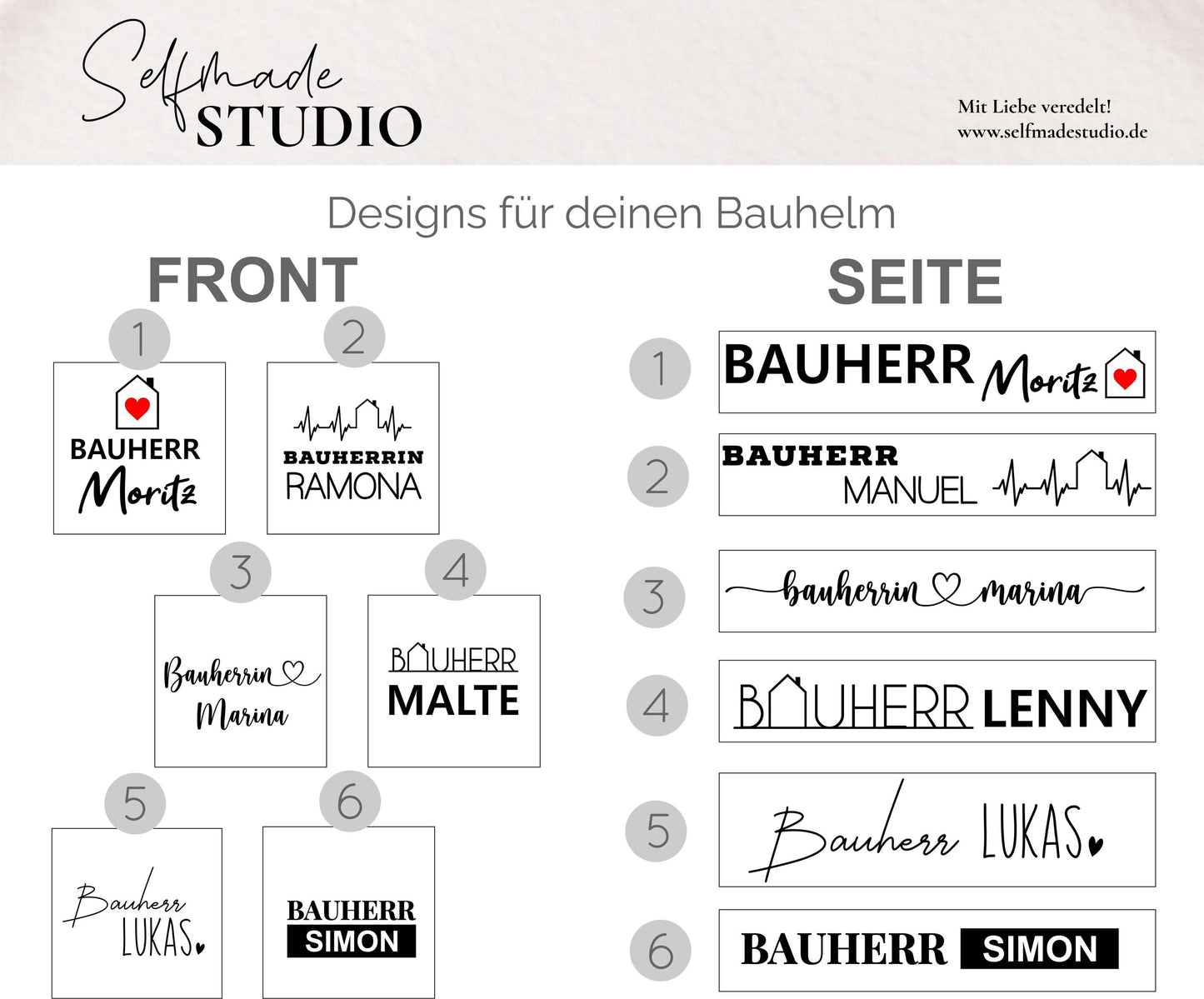 Bauherren-Bauhelm Weiß mit Wunschnamen | personalisierter Kopfschutz | Bauherrin Baustelle Helm | hochwertiger Deko Kopfschutz Bauhelm