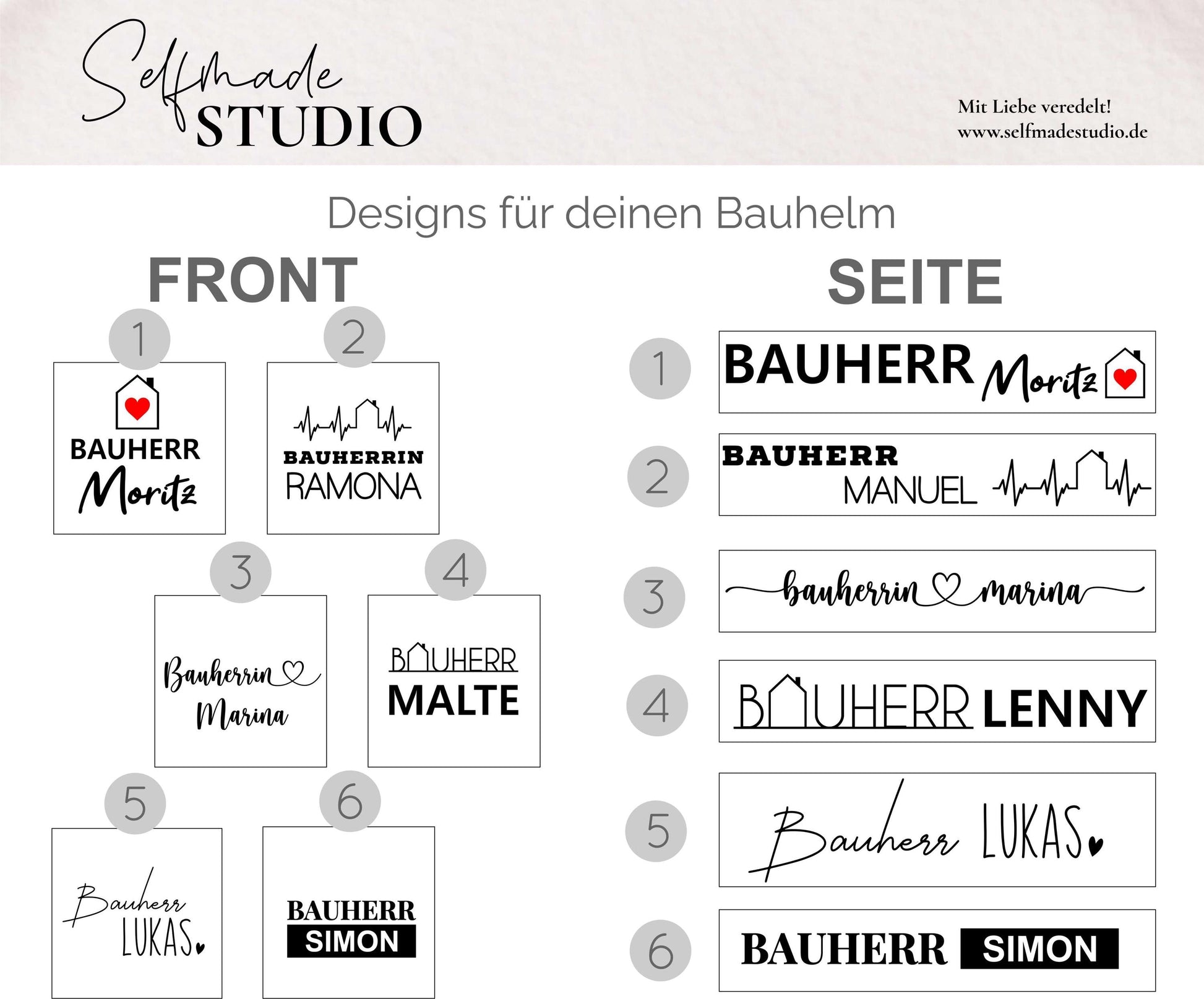 Bauherren-Bauhelm Weiß mit Wunschnamen | personalisierter Kopfschutz | Bauherrin Baustelle Helm | hochwertiger Deko Kopfschutz Bauhelm