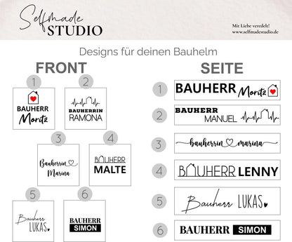Bauherren-Bauhelm Weiß mit Wunschnamen | personalisierter Kopfschutz | Bauherrin Baustelle Helm | hochwertiger Deko Kopfschutz Bauhelm