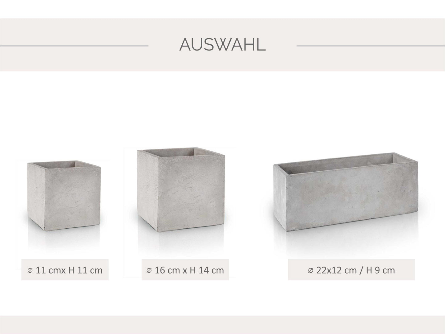 Alle verfügbaren Blumentopf-Formate in Betonoptik nebeneinander gezeigt: quadratisch 11×11×11 cm, 16×16×16 cm und rechteckig 22×12×9 cm, Darstellung der mattgrauen Oberfläche und der optionalen Gravur Positionen