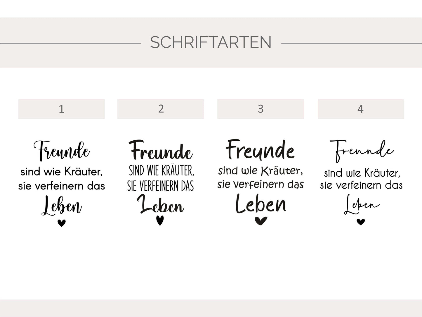Übersicht aller vier verfügbaren Schriftarten für Gravuren auf Blumentöpfen in Betonoptik, zeigt Beispieltext ‚Freunde sind wie Kräuter, sie verfeinern das Leben ❤️‘ in jeder Schriftart, hilfreich für Personalisierungsauswahl