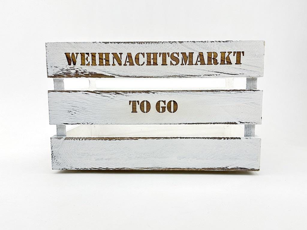 Weihnachtsmarkt "to Go" Vintage Weiß Holzkiste | personalisierbar, Aufbewahrung, Geschenkidee, Dekobox Weihnachten, Geschenk für Freunde