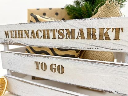 Weihnachtsmarkt "to Go" Vintage Weiß Holzkiste | personalisierbar, Aufbewahrung, Geschenkidee, Dekobox Weihnachten, Geschenk für Freunde