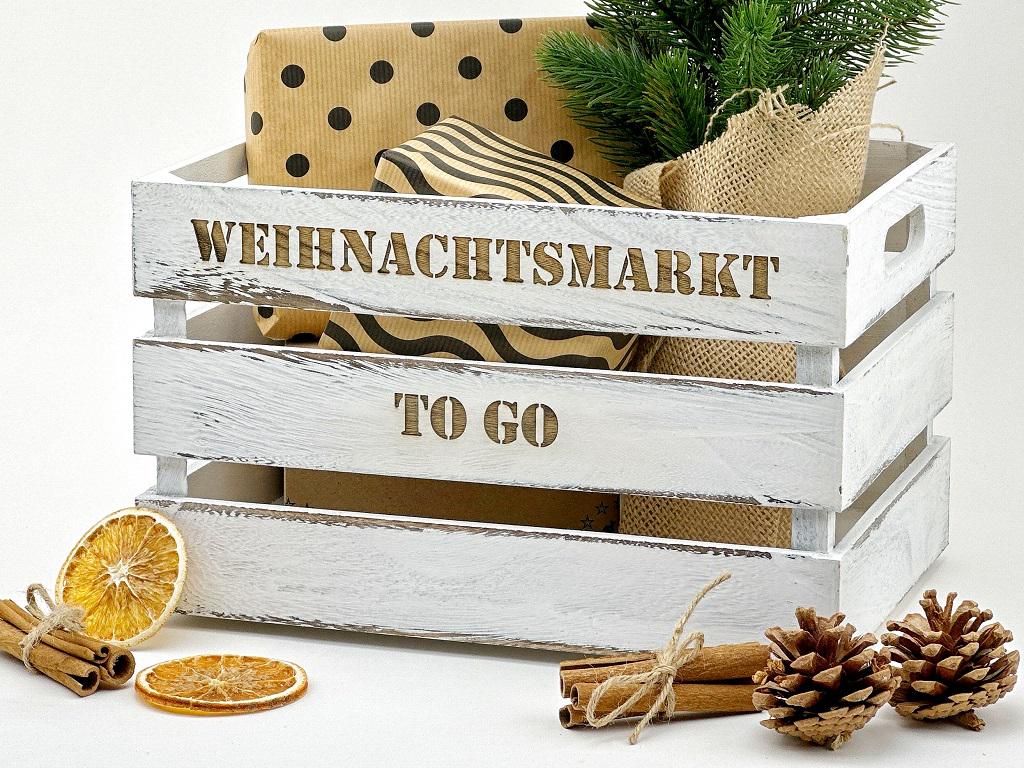 Weihnachtsmarkt "to Go" Vintage Weiß Holzkiste | personalisierbar, Aufbewahrung, Geschenkidee, Dekobox Weihnachten, Geschenk für Freunde