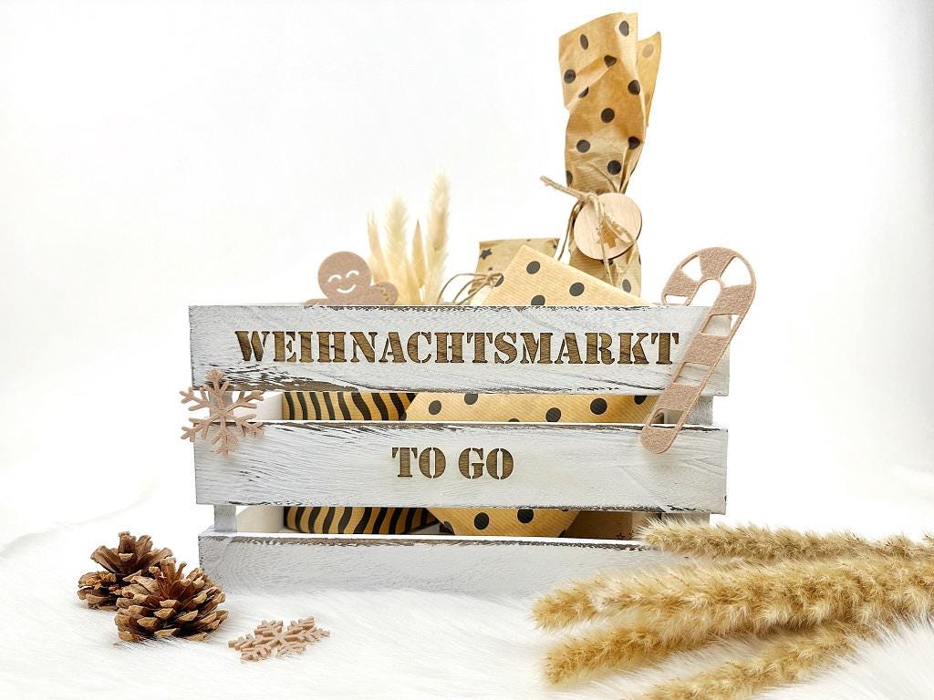 Weihnachtsmarkt "to Go" Vintage Weiß Holzkiste | personalisierbar, Aufbewahrung, Geschenkidee, Dekobox Weihnachten, Geschenk für Freunde