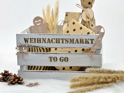 Weihnachtsmarkt "to Go" Vintage Weiß Holzkiste | personalisierbar, Aufbewahrung, Geschenkidee, Dekobox Weihnachten, Geschenk für Freunde