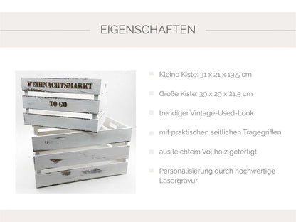 Weihnachtsmarkt "to Go" Vintage Weiß Holzkiste | personalisierbar, Aufbewahrung, Geschenkidee, Dekobox Weihnachten, Geschenk für Freunde