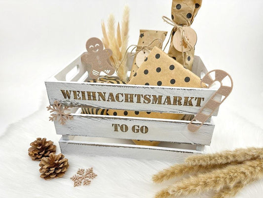 Weihnachtsmarkt "to Go" Vintage Weiß Holzkiste | personalisierbar, Aufbewahrung, Geschenkidee, Dekobox Weihnachten, Geschenk für Freunde