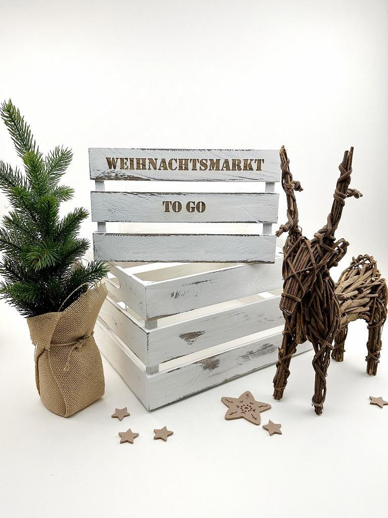 Weihnachtsmarkt "to Go" Vintage Weiß Holzkiste | personalisierbar, Aufbewahrung, Geschenkidee, Dekobox Weihnachten, Geschenk für Freunde