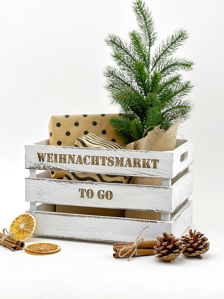 Weihnachtsmarkt "to Go" Vintage Weiß Holzkiste | personalisierbar, Aufbewahrung, Geschenkidee, Dekobox Weihnachten, Geschenk für Freunde