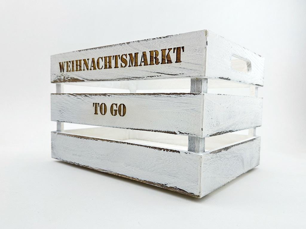 Weihnachtsmarkt "to Go" Vintage Weiß Holzkiste | personalisierbar, Aufbewahrung, Geschenkidee, Dekobox Weihnachten, Geschenk für Freunde