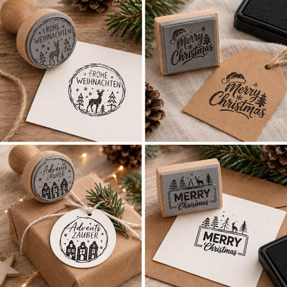 Runde Weihnachtsstempel aus Holz mit 45 mm Durchmesser, verschiedene Weihnachtsmotive mit Frohe Weihnachten, Wintergrüße, Weihnachtszauber, Häusern, Rentieren, Tannen und Sternen.