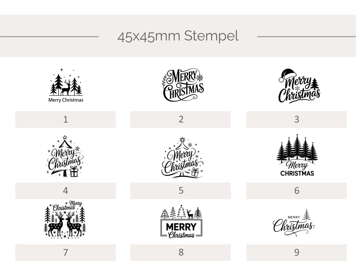 Eckige Designs

Eckige Weihnachtsstempel aus Holz in 45 x 45 mm mit verschiedenen Merry Christmas Motiven, Tannenbäumen, Rentieren, Geschenken und winterlichen Designs.