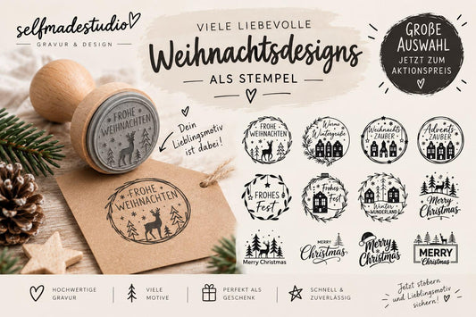 Weihnachtsstempel aus Holz mit grauem Stempelgummi und großer Auswahl an liebevollen Weihnachtsmotiven, runde und eckige Holzstempel für Weihnachtskarten, Geschenke und Geschenkanhänger.