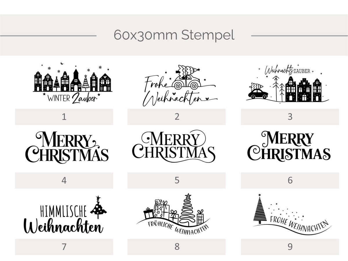 Eckige Designs

Eckige Weihnachtsstempel aus Holz in 60 x 30 mm mit verschiedenen Merry Christmas Motiven, Tannenbäumen, Rentieren, Geschenken und winterlichen Designs.