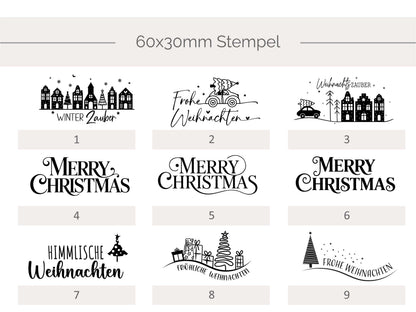 Eckige Designs

Eckige Weihnachtsstempel aus Holz in 60 x 30 mm mit verschiedenen Merry Christmas Motiven, Tannenbäumen, Rentieren, Geschenken und winterlichen Designs.