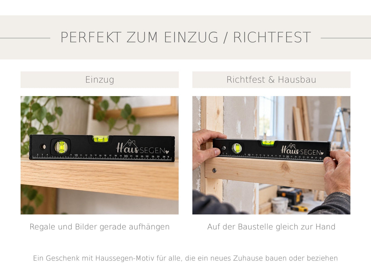 Wasserwaage Haussegen, schwarz, 30 cm – Geschenk zum Einzug, Richtfest & Hausbau, 4 Motive