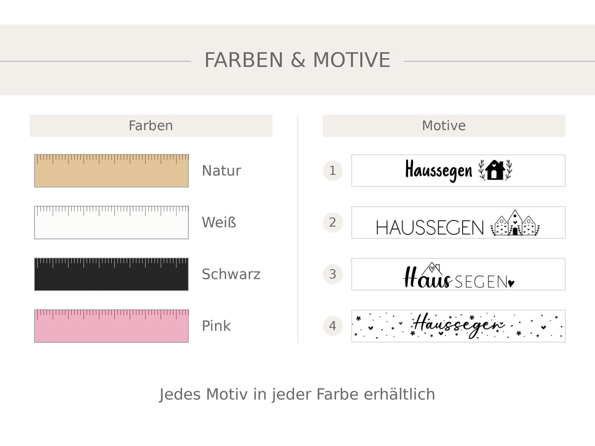 Auswahl der Farben Natur, Weiß, Schwarz und Pink und der 4 Haussegen-Motive für den bedruckten Zollstock – jedes Motiv in jeder Farbe