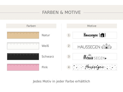 Auswahl der Farben Natur, Weiß, Schwarz und Pink und der 4 Haussegen-Motive für den bedruckten Zollstock – jedes Motiv in jeder Farbe