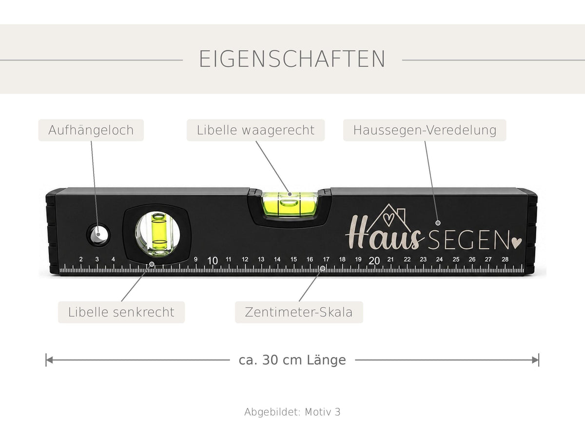Wasserwaage Haussegen, schwarz, 30 cm – Geschenk zum Einzug, Richtfest & Hausbau, 4 Motive