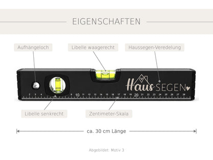 Wasserwaage Haussegen, schwarz, 30 cm – Geschenk zum Einzug, Richtfest & Hausbau, 4 Motive