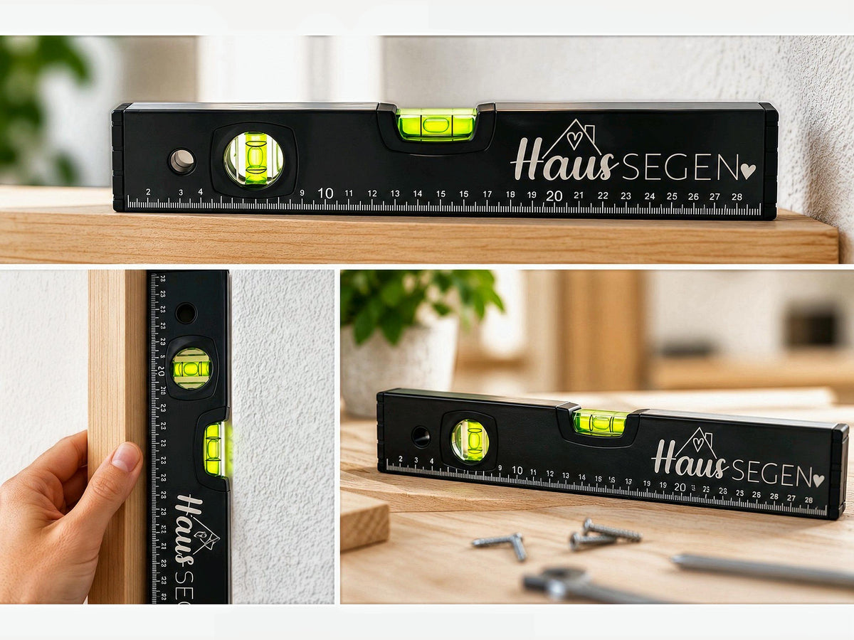 Wasserwaage Haussegen, schwarz, 30 cm – Geschenk zum Einzug, Richtfest & Hausbau, 4 Motive
