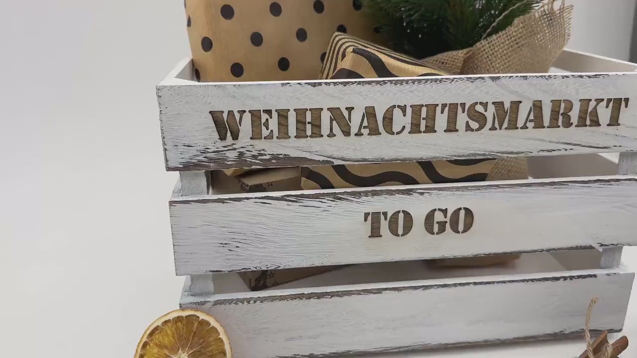 Weihnachtsmarkt "to Go" Vintage Weiß Holzkiste | personalisierbar, Aufbewahrung, Geschenkidee, Dekobox Weihnachten, Geschenk für Freunde